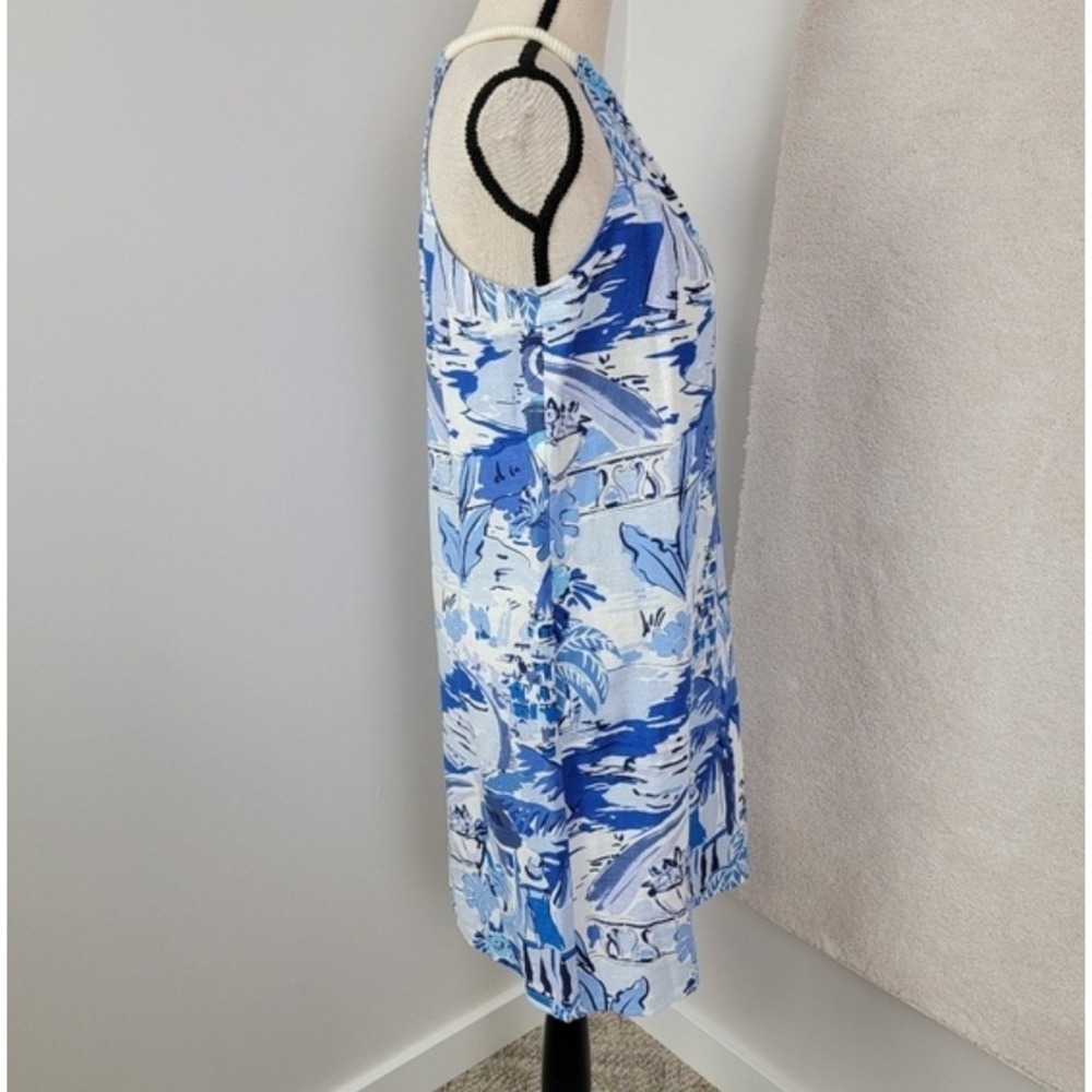 NWT London Times Blue White Tropical Palm Halter Dress Womens 8 Linen Blend New - Picture 9 of 11